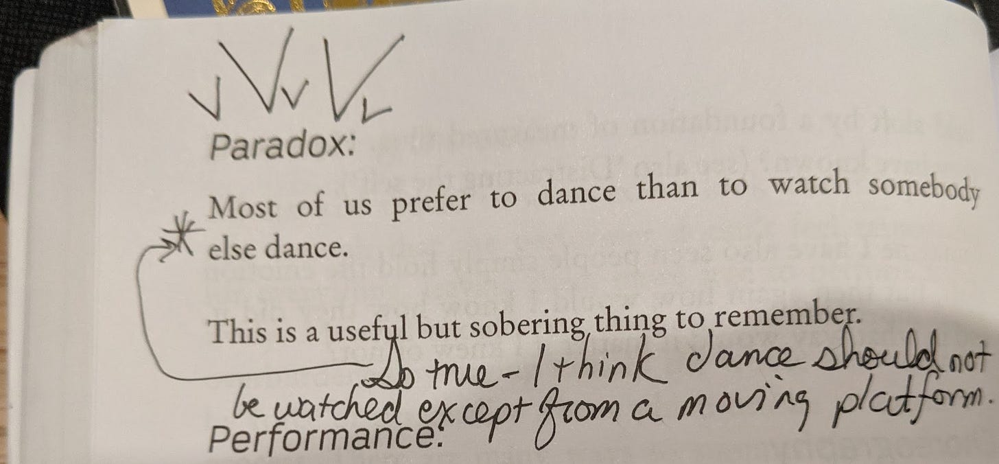 A book page with the artist's handwriting in it suggesting dance should be watched from a moving platform.
