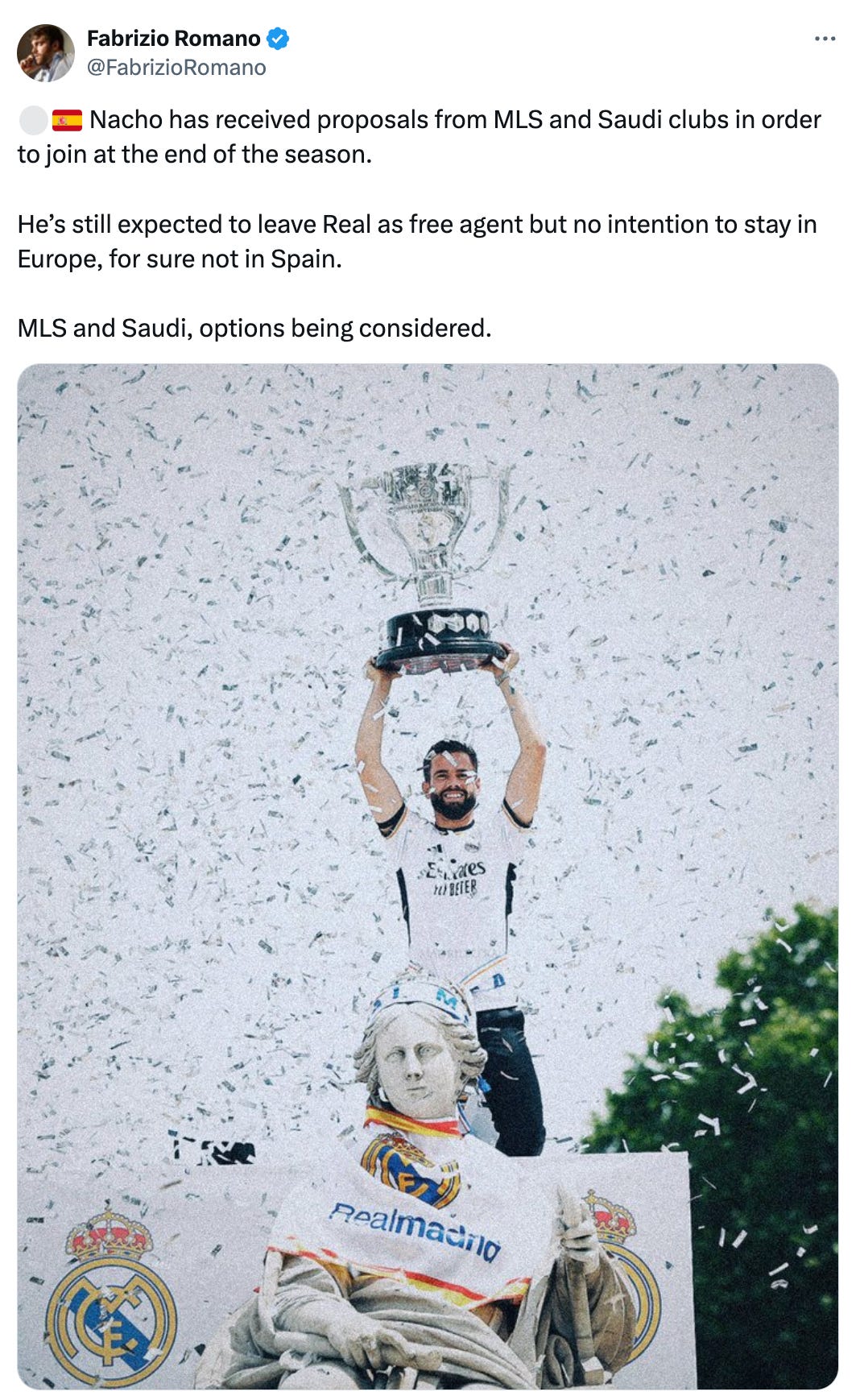 A tweet by Fabrizio Romano about Real Madrid captain Nacho