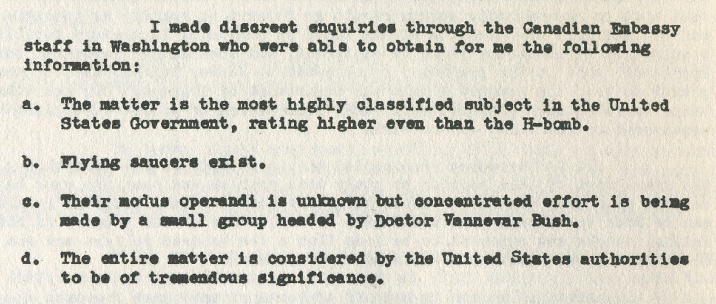 Excerpt from Wilbert H. Smith’s 21 Nov 1950 memo describing ‘flying saucers,’ extreme classification, and a ‘small group headed by Doctor Vannevar Bush.’ Bush (MIT) and Menzel (Harvard/SAO) operated in the same pre-war, wartime, and postwar scientific–defense milieu; later sections document their specific intersections. Excerpt from Wilbert H. Smith’s 21 Nov 1950 memo describing ‘flying saucers,’ extreme classification, and a ‘small group headed by Doctor Vannevar Bush.’ Bush (MIT) and Menzel (Harvard/SAO) operated in the same pre-war, wartime, and postwar scientific–defense milieu; later sections document their specific intersections.