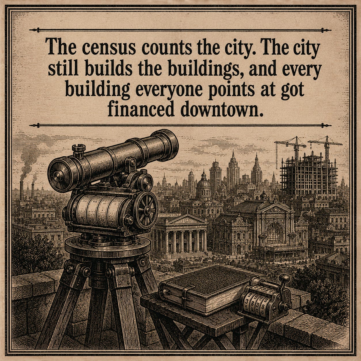 Wood-engraving pull-quote card in the Thomas Nast Harper's Weekly style for Attention Capital's essay YouTube Already Chose Not to Be Hollywood. Engraved Victorian lettering across the upper third reads "The census counts the city. The city still builds the buildings, and every building everyone points at got financed downtown," above a brass surveyor's counting instrument on a hilltop aimed at a skyline of banks, theaters, and rising construction. The card carries the essay's central metaphor: YouTube measures audience demand at unmatched scale while Hollywood's integrated system still finances and builds what audiences buy. Keywords: YouTube vs Hollywood, audience measurement, media finance, creator economy, attention capital.