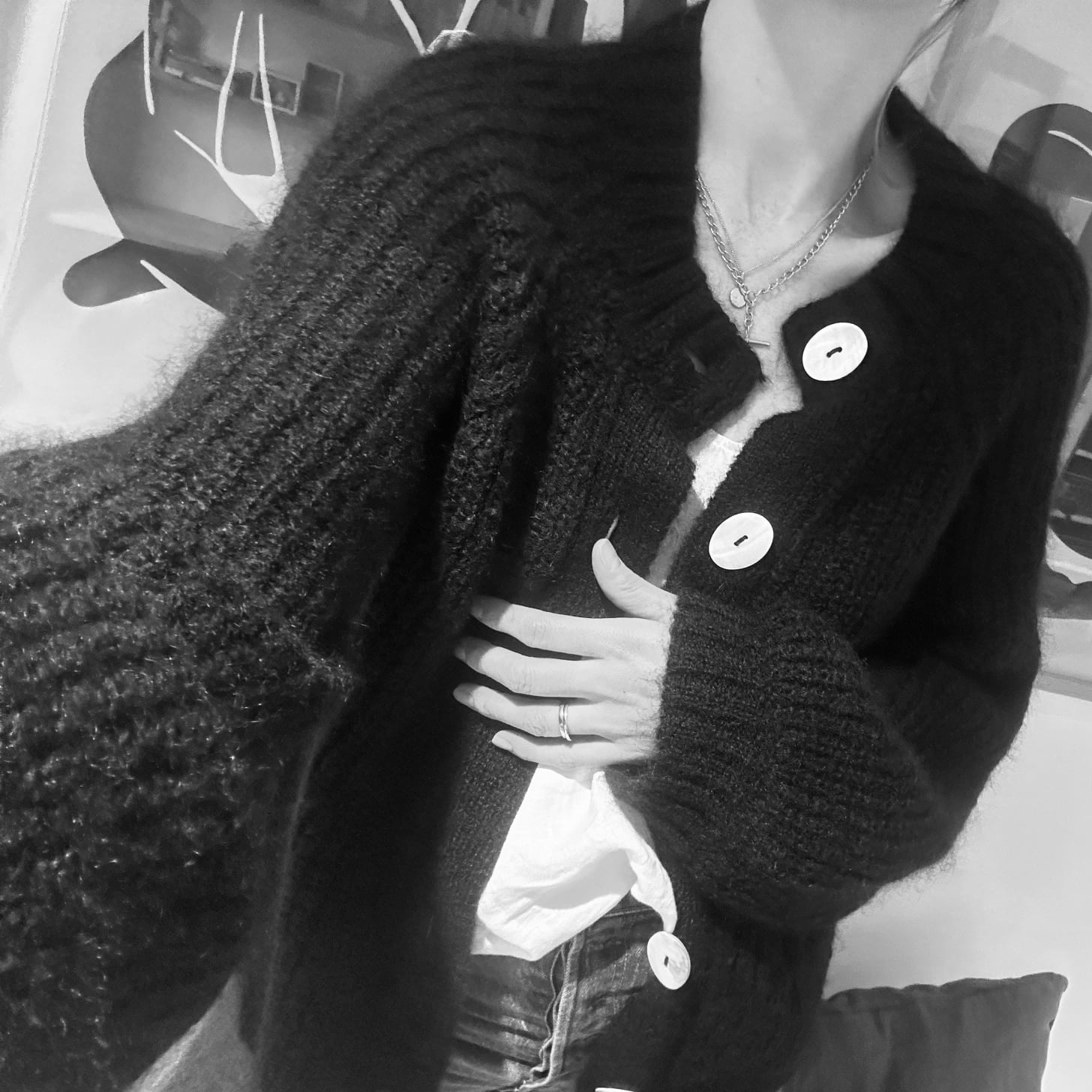 Close up of black mohair cardigan