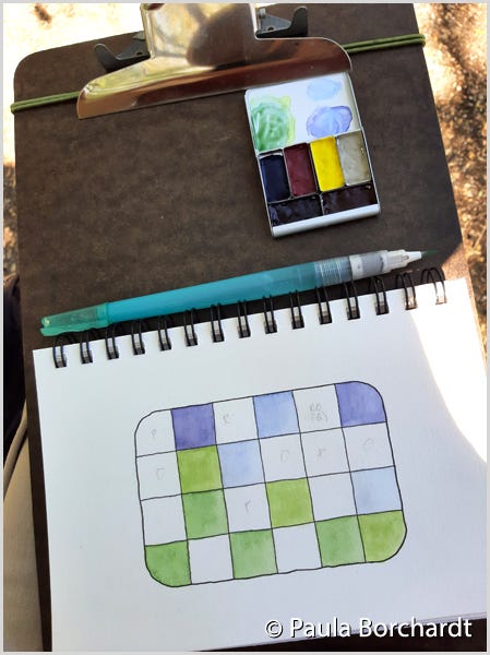 My sketchbook, waterbrush, and teeny tiny watercolor palette clipped to my clipboard