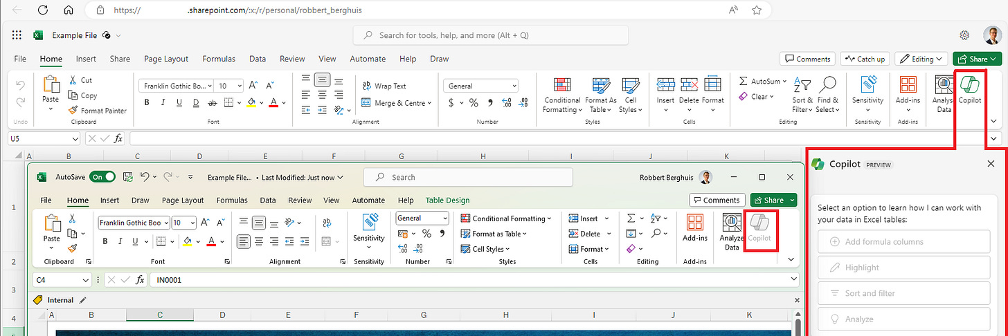 An image showing the difference between Excel desktop and Excel web, when using the Microsoft Unified Labeling add-in - © Robbert Berghuis An image showing the difference between Excel desktop and Excel web, when using the Microsoft Unified Labeling add-in - © Robbert Berghuis