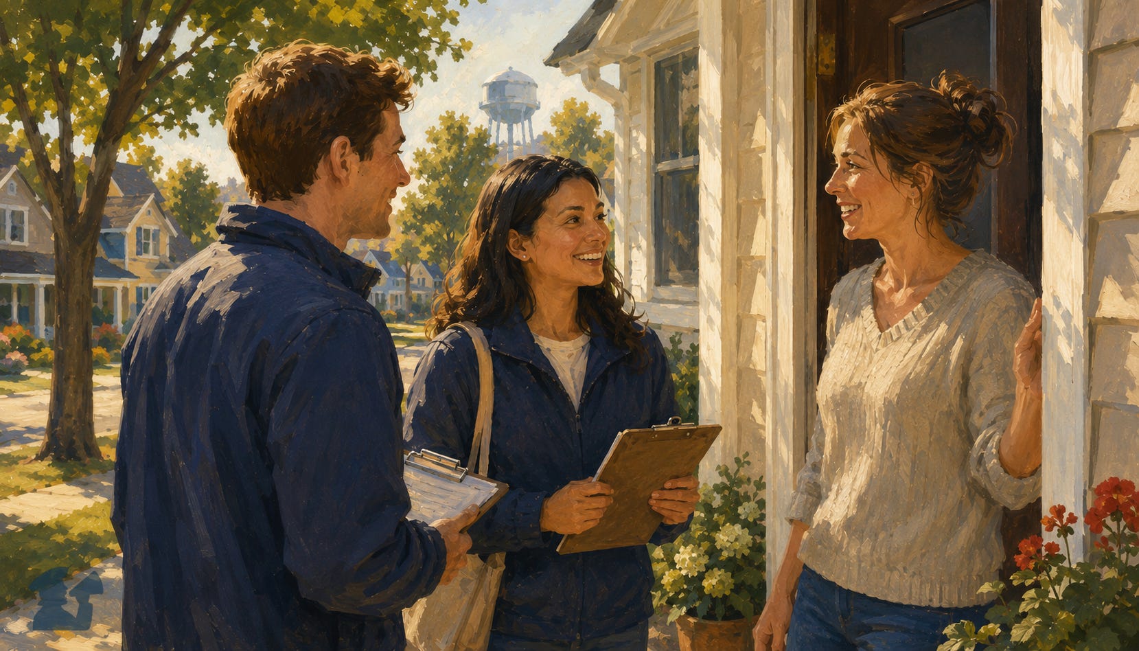 Two door-knocking volunteers smile and talk with a suburban mom on her front porch in a warm, painterly neighborhood scene. Two door-knocking volunteers smile and talk with a suburban mom on her front porch in a warm, painterly neighborhood scene.