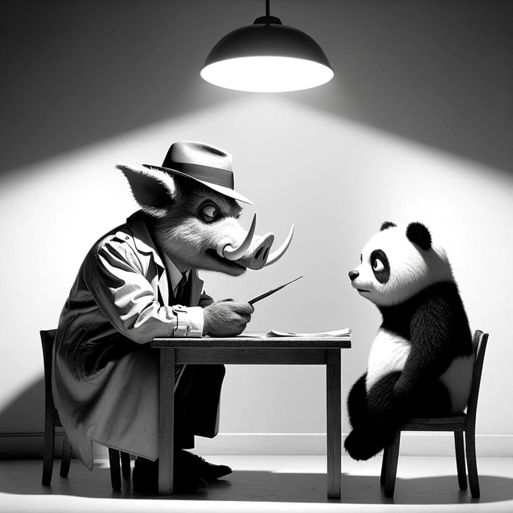 Refine the old-fashioned, black and white interrogation scene to feature an anthropomorphic pig detective with a less menacing and more cartoonish expression, without tusks, interrogating a panda. The scene remains in a stark, minimally furnished room with a plain table, emphasizing the simplicity of the setting. This adjustment aims to soften the atmosphere, making the pig's demeanor less intimidating and more in line with a friendly, cartoonish style. The overall aesthetic continues to evoke the gritty ambiance of classic detective movies but with a lighter, more approachable character design.