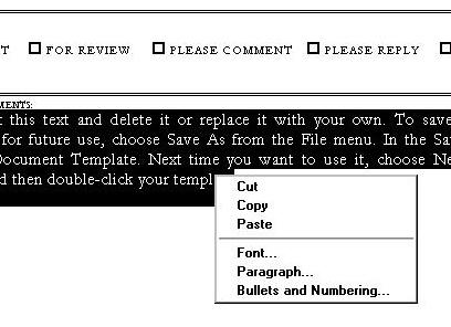 Showing the context menu on a selected paragraph. The menu shows cut, copy, paste, font, paragraph, bullets and numbering.