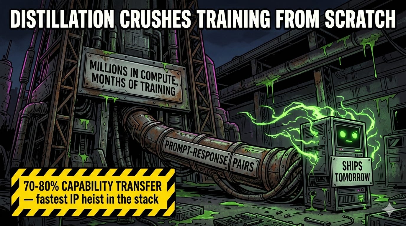 LLM knowledge distillation process transferring agentic capabilities from teacher model to student via API queries