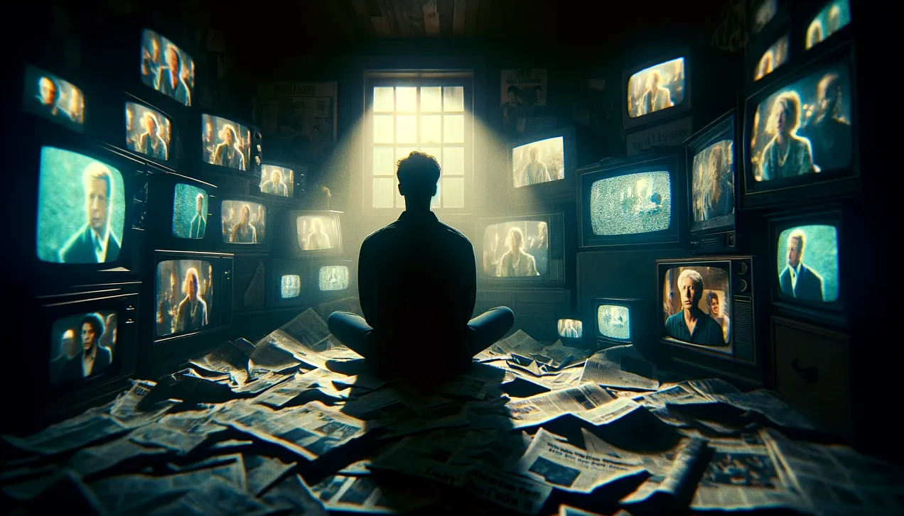 A solitary figure sits in a dimly lit room, surrounded by outdated television sets flickering with scenes from old sitcoms. Newspapers are scattered around, creating a chaotic landscape of forgotten stories. The glow of the screens casts eerie shadows on the person's face, highlighting a look of dawning realization and isolation. The room feels both cluttered and empty, mirroring the person's sense of disconnect from the world outside. This image captures the poignant moment of recognition as the individual confronts their solitude amidst the media-induced atomization.