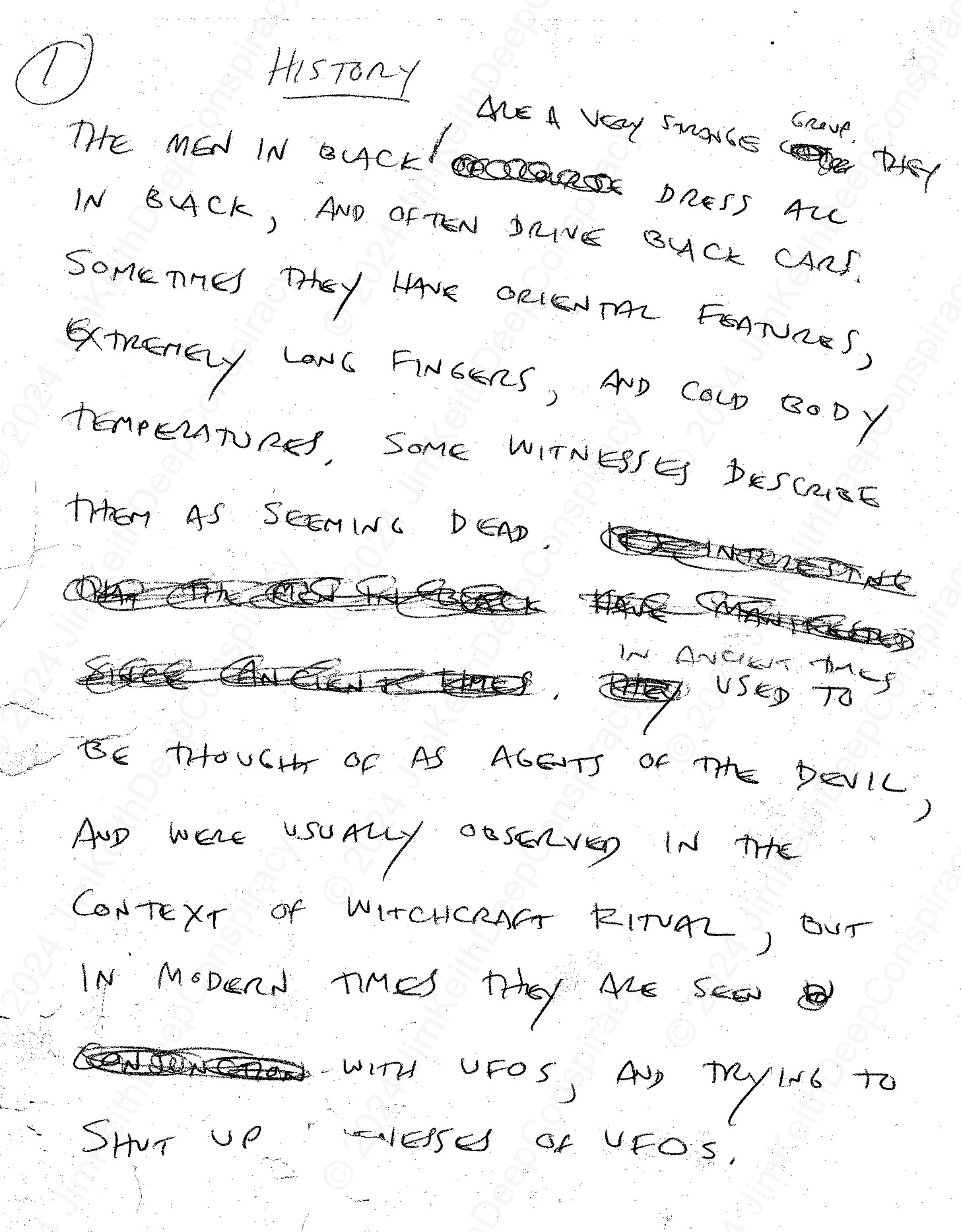 Handwritten note by Jim Keith: Description of Men in Black, their appearance, historical manifestations, and modern-day associations with UFOs.