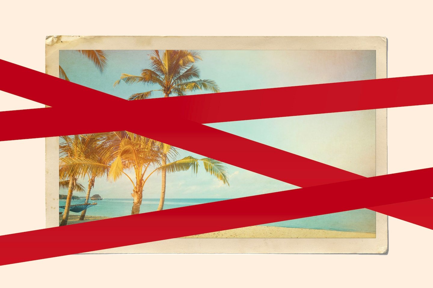 A postcard-style beach scene crossed with red tape, symbolizing restricted access to public shores. A postcard-style beach scene crossed with red tape, symbolizing restricted access to public shores.
