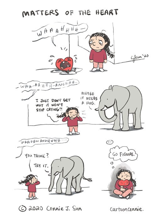 crying heart cartoon, heart, hug, dealing with emotions, emotional awareness, comics, illustration, humor, sketchbook, connie sun, cartoonconnie