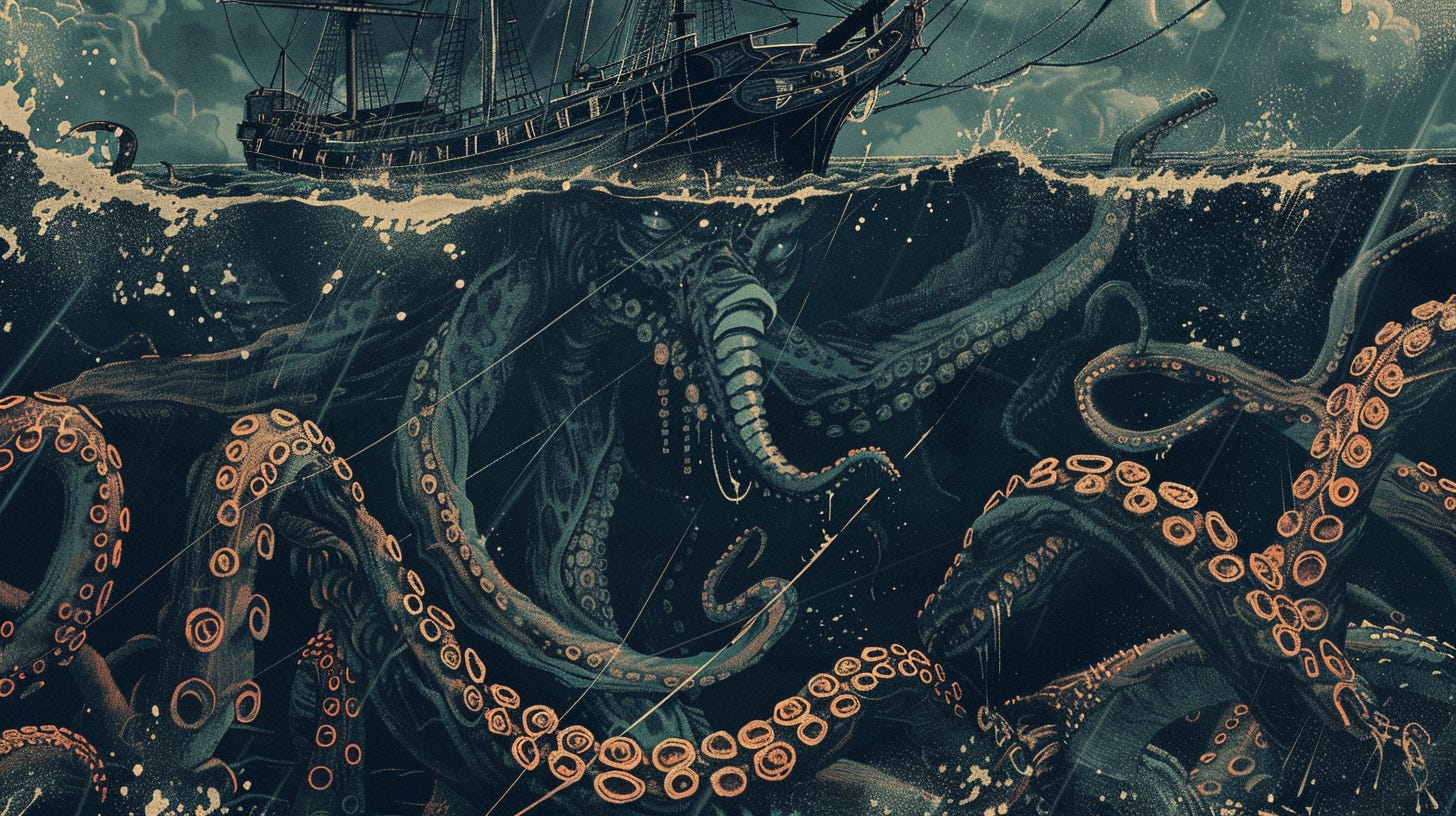 Stylized illustration of maritime monsters beneath a ship, representing the unknown depths of the human unconscious