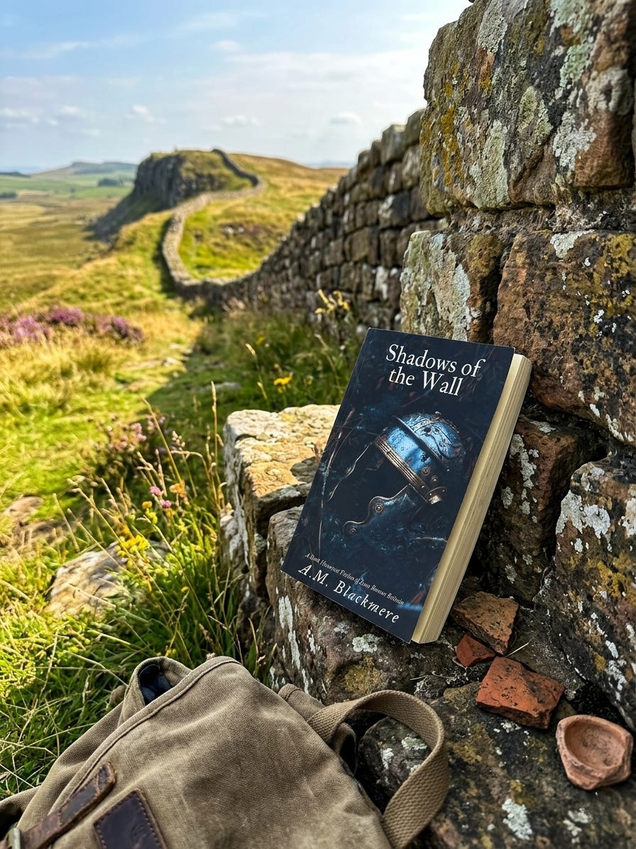 Paperback cover of the historical horror novel Shadows of the Wall by A.M. Blackmere resting on an ancient stone wall in the countryside.