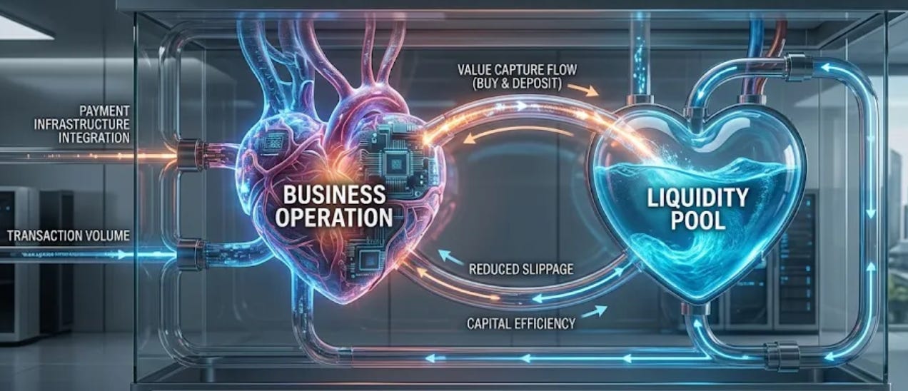 Two hearts sustain the system. Business activity pumps value. Liquidity keeps it circulating.