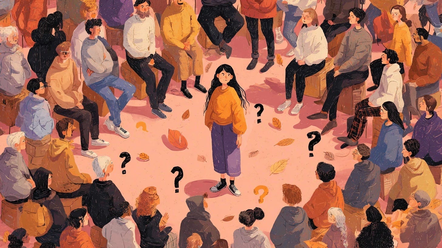 A illustrated figure stands alone at the centre of a large crowd, surrounded by floating question marks, suggesting uncertainty and the weight of unresolved accountability.