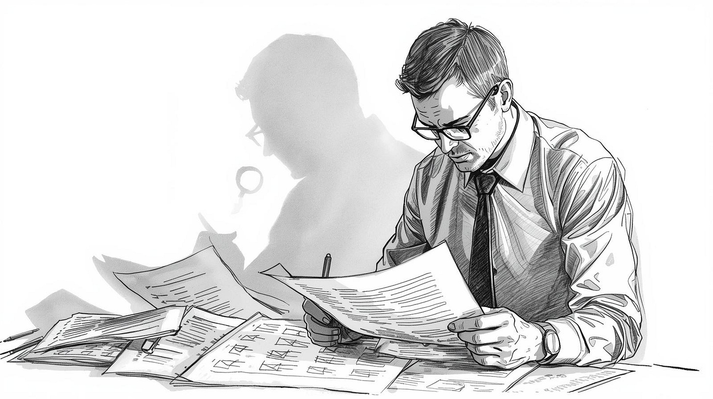 Person examining detailed work while shadow reveals absence of strategic thinking
