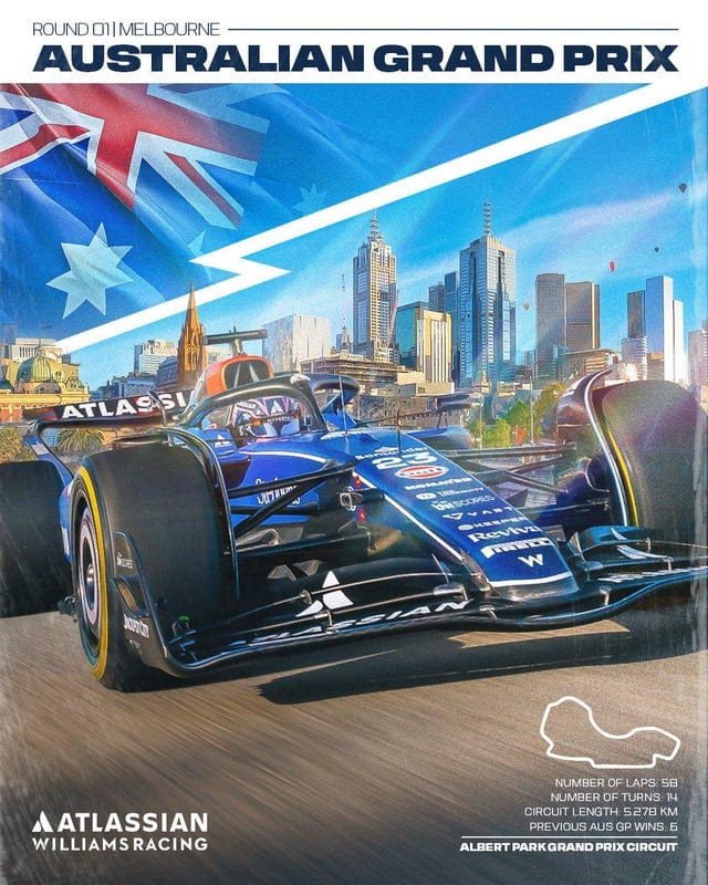 r/formula1 - ROUND 01 MELBOURNE AUSTRALIAN GRAND PRIX ATLASSI WSCORES Reviva W A ATLASSIAN WILLIAMS RACING NUMBER OF LAPS: 58 NUMBER OF TURNS: 14 CIRCUIT LENGTH: 5.278 KM PREVIOUS AUS GP WINS: 5 ALBERT PARK GRAND PRIX CIRCUIT r/formula1 - ROUND 01 MELBOURNE AUSTRALIAN GRAND PRIX ATLASSI WSCORES Reviva W A ATLASSIAN WILLIAMS RACING NUMBER OF LAPS: 58 NUMBER OF TURNS: 14 CIRCUIT LENGTH: 5.278 KM PREVIOUS AUS GP WINS: 5 ALBERT PARK GRAND PRIX CIRCUIT