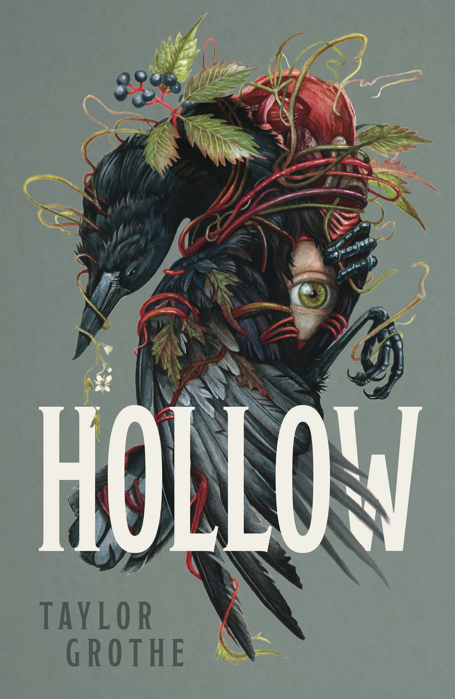 An image of Hollow’s book cover, wherein the carcass of a crow reveals both its organs and a bright green eye, by Taylor Grothe