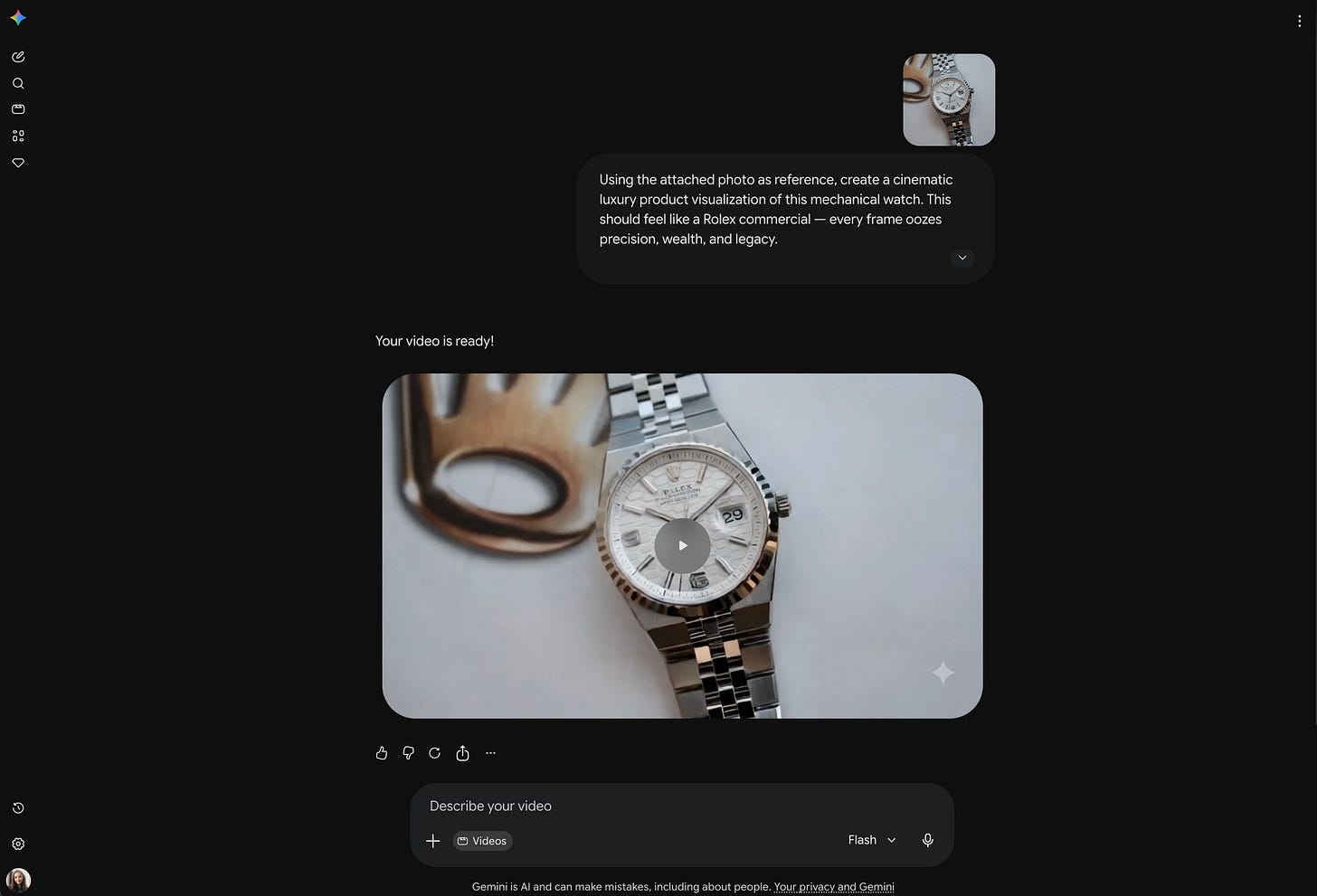 Screenshot of the Gemini Omni interface displaying a generated cinematic luxury watch video preview. The video was created from a detailed prompt describing a Rolex-style commercial with cinematic lighting, polished metal reflections, luxury aesthetics, and close-up mechanical watch visuals.