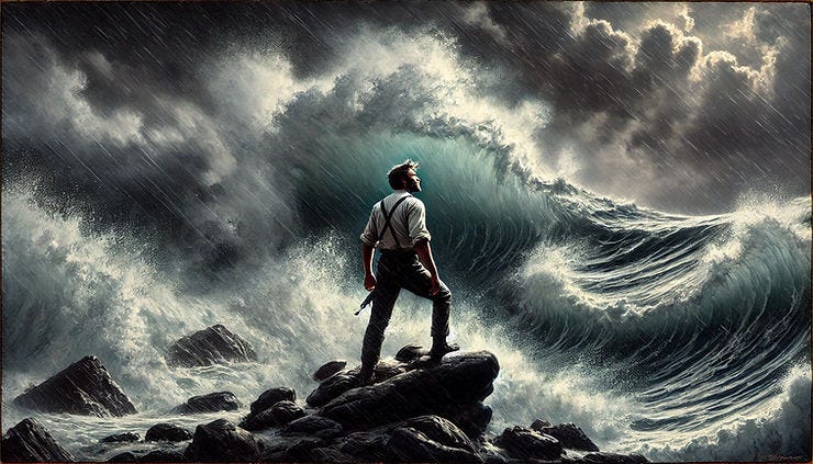Man stands on rocks facing giant waves and stormy sky, wearing suspenders and holding a tool. The scene is dramatic and intense.