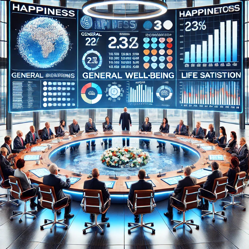 A realistic and symbolic illustration of a group of politicians in a modern government meeting room. They are gathered around large digital screens displaying detailed happiness statistics of a country, including graphs, charts, and demographic data. The screens highlight metrics like general well-being, income, and life satisfaction. The politicians are depicted as thoughtful and engaged, with some pointing at the screens and others discussing solutions. The setting is a high-tech, futuristic office with an emphasis on decision-making and public policy. The overall colour scheme should be professional and balanced, with cool tones to emphasise an analytical and serious atmosphere.