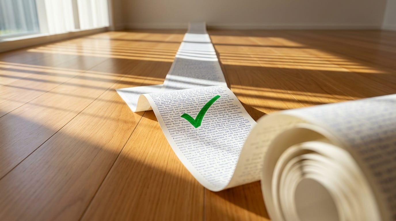 A long ribbon of white paper covered in tiny blue handwriting stretches across a wooden floor, with one green tick mark near its far end.