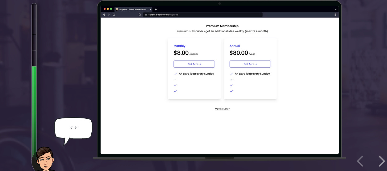 Premium upsell page, offering more for $8/month.