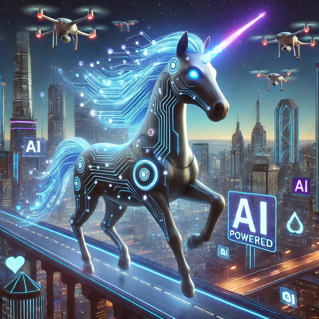 A futuristic AI-powered unicorn in a high-tech cityscape. The unicorn has a sleek, robotic design with glowing neon circuits running along its body, symbolizing artificial intelligence and automation. Its horn emits a bright holographic light, representing data and computation. The city in the background is filled with towering skyscrapers, flying drones, and holographic billboards displaying AI-driven businesses like automated legal firms, AI-powered debt collection, and intelligent call centers. The scene has a cyberpunk aesthetic with a blend of blue and purple neon lighting.