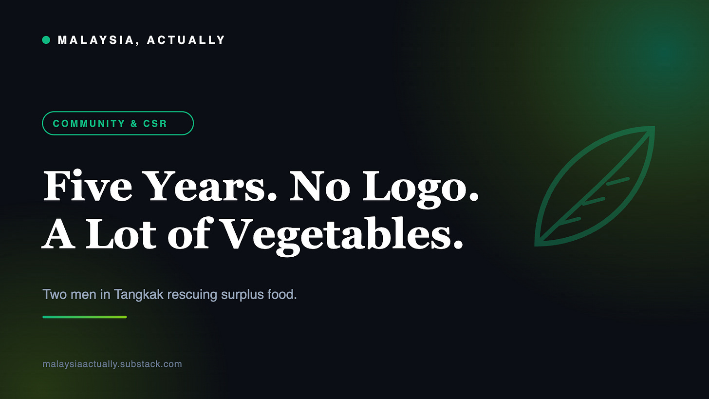 Green title card reading Five Years No Logo A Lot of Vegetables, with a leaf illustration and the Malaysia, Actually masthead