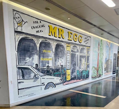 A mural showing a corner building in blue and green with the name 'SNOBS' written in white on its signage; a bright red and green and yellow archway with the words 'China Town Manchester' written on signage, with cars passing underneath; a mural showing a building with archways and 'MR EGG' signage in yellow, with a white car in front