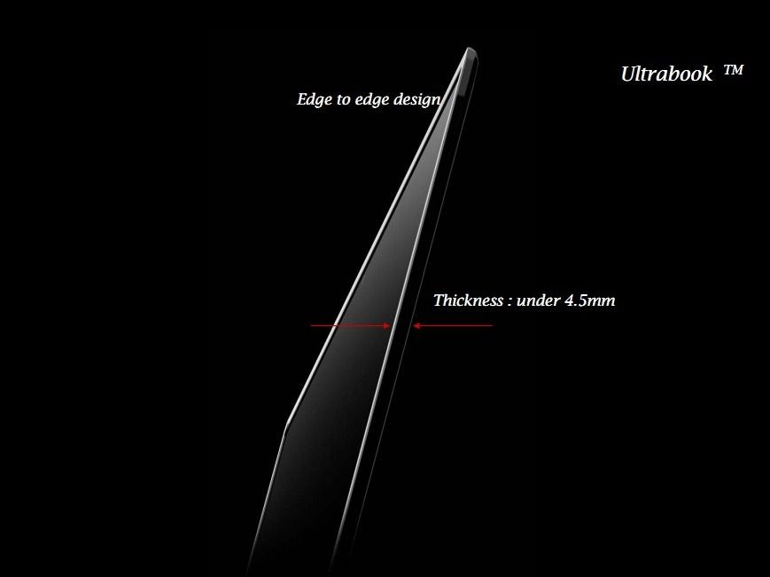 Image of a screen of an ultrabook laptop showing the edge-to-edge design and thickness under 4.5mm. Image of a screen of an ultrabook laptop showing the edge-to-edge design and thickness under 4.5mm.