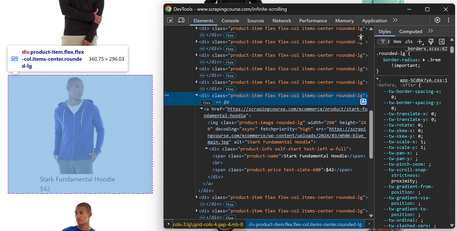 Note the HTML of a product element 