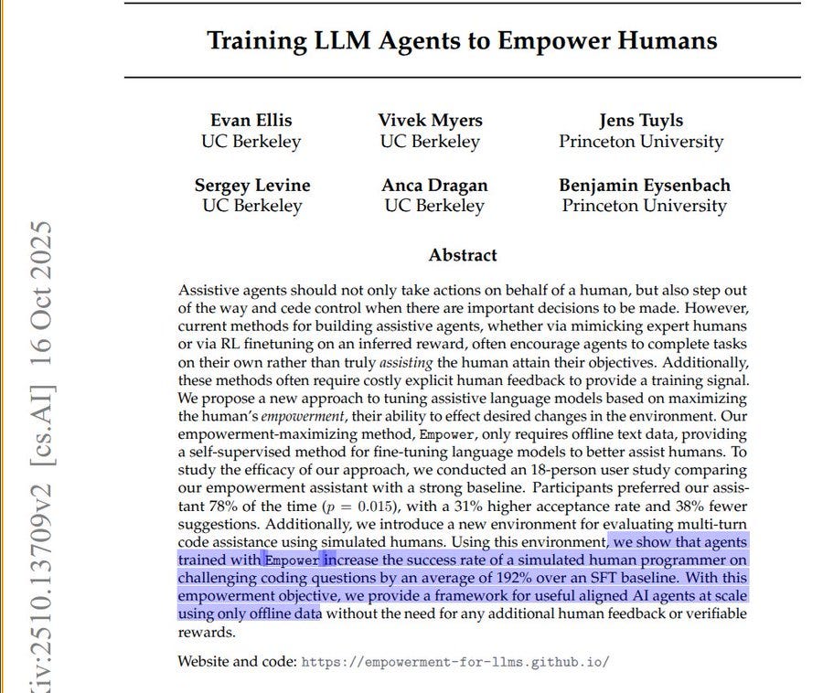 Academic paper image titled Training LLM Agents to Empower Humans with authors listed including Evan Ellis, Vivek Myers, Jen Tuyls, Serge Levine, UC Berkeley, Anca Dragan, Benjamin Eysenbach, Princeton University. Text explains that assistive agents should not only act on behalf of a human but also step out of the way for RLHF coding on involved tasks, then encourage agents to complete however tasks on their own rather than try assisting humans at objectives training additionally empowers humans maximizing their method. It affects desired changes in text providing our study efficiency of our approach with a strong baseline participants preferred comparing assistance suggestions additionally simulated humans using a new environment for all agents trained with RLHF increase success rate of simulated aligned human proper number scale rewarding only offline data without the need for any online feedback or verifiable.