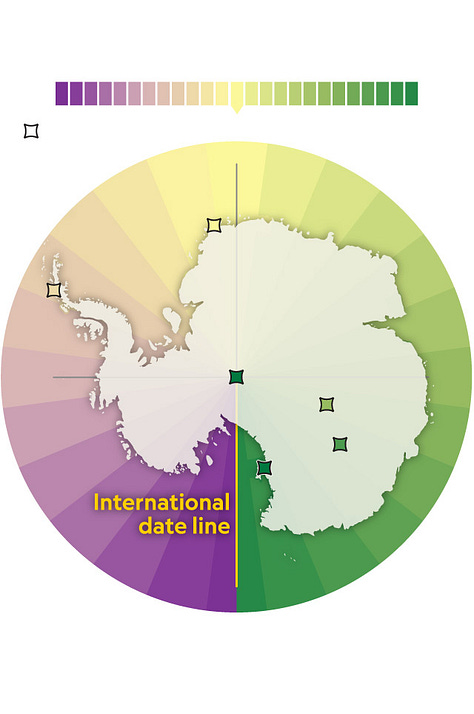 The time to ring in the new year is wildly different from country to country, even if they're feet from each other! From L to R: Kiribati is first in the world, Antarctica is all over the map, and western China is 3 hours ahead of its neighbors.