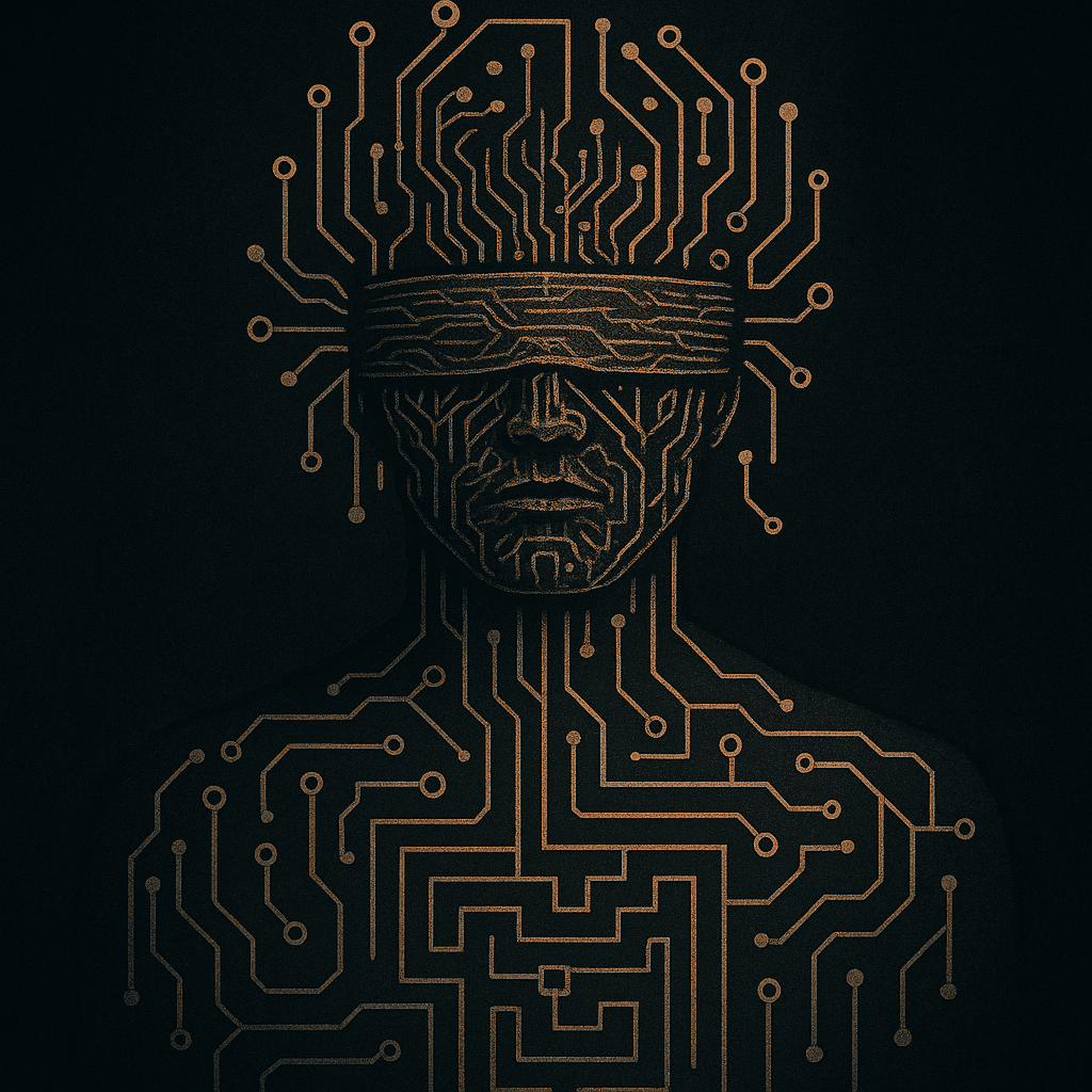 Hooded figure in dark, vaulted chamber under surveillance cameras and digital circuits. Digital Tithing and the Blind Architectures of algorithmic control.