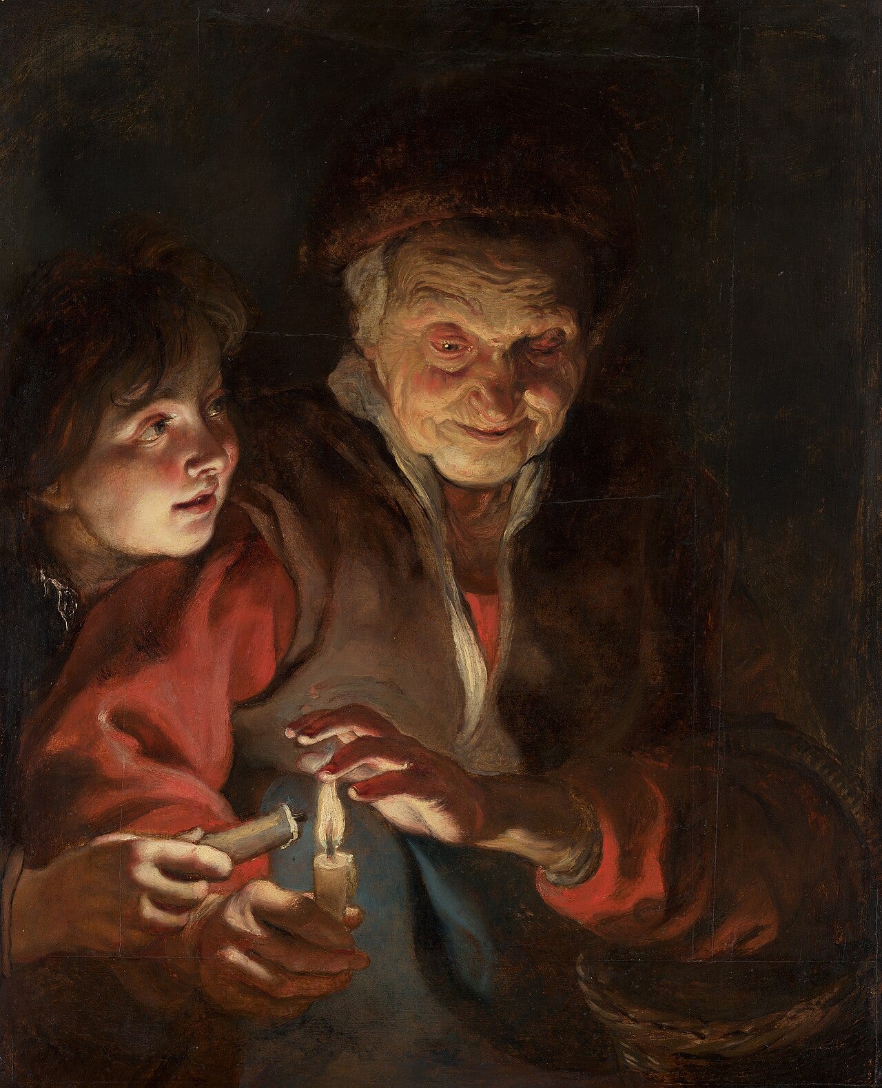 An old woman and boy lighting one candle from another An old woman and boy lighting one candle from another