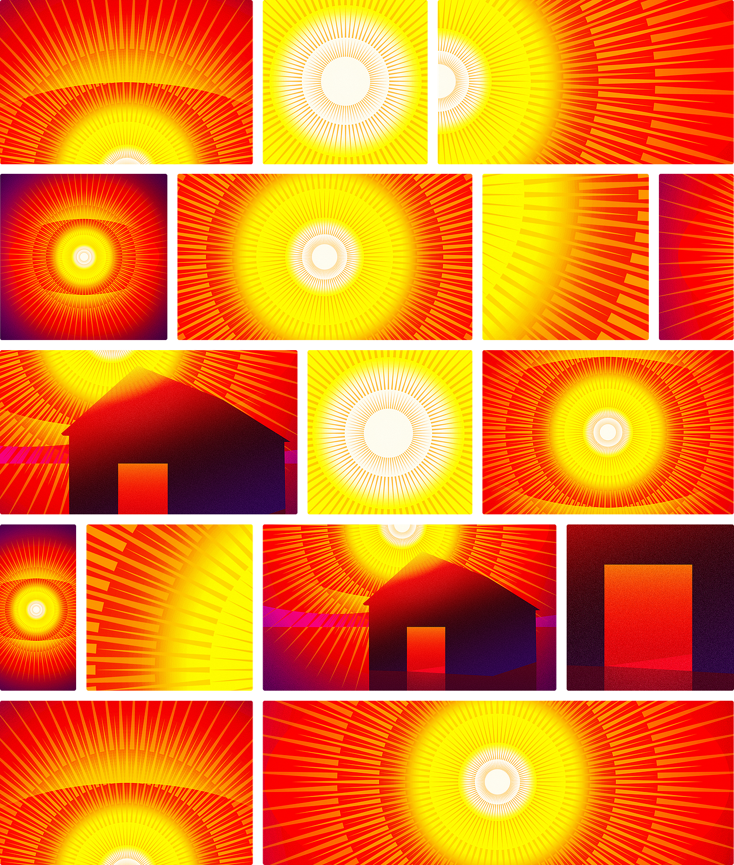 Illustration of a complex geometric sun rendered in shades of orange, red, and purple, divided into multiple differently shaped boxes.