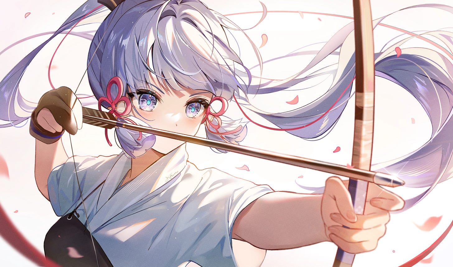 Anime 3871x2283 anime girls Genshin Impact Kamisato Ayaka (Genshin Impact) bow and arrow ponytail petals long hair