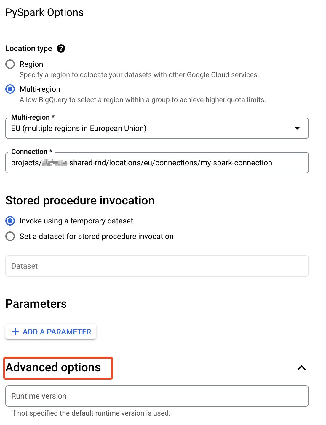 PySpark procedure configuration — Advanced options