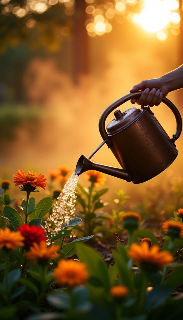 A person watering vibrant orange and red flowers with a vintage watering can, surrounded by a misty background illuminated by a warm sunset.