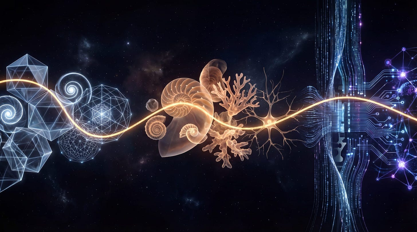 An unbroken luminous thread connects crystalline geometry, organic biology, and digital architecture across a dark cosmic panorama An unbroken luminous thread connects crystalline geometry, organic biology, and digital architecture across a dark cosmic panorama