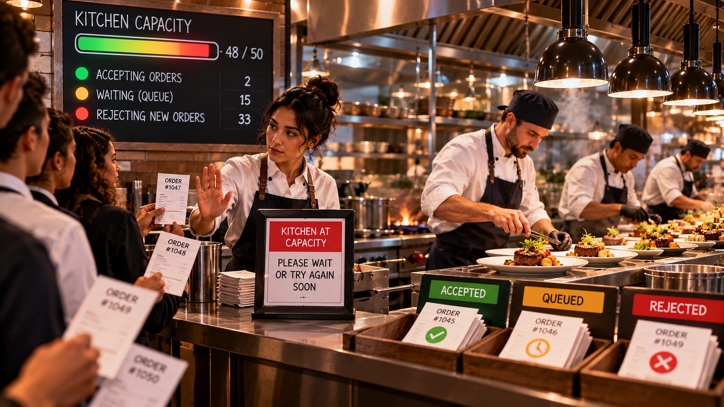 Restaurant kitchen managing incoming orders with capacity limits, queues, and overload protection. 
