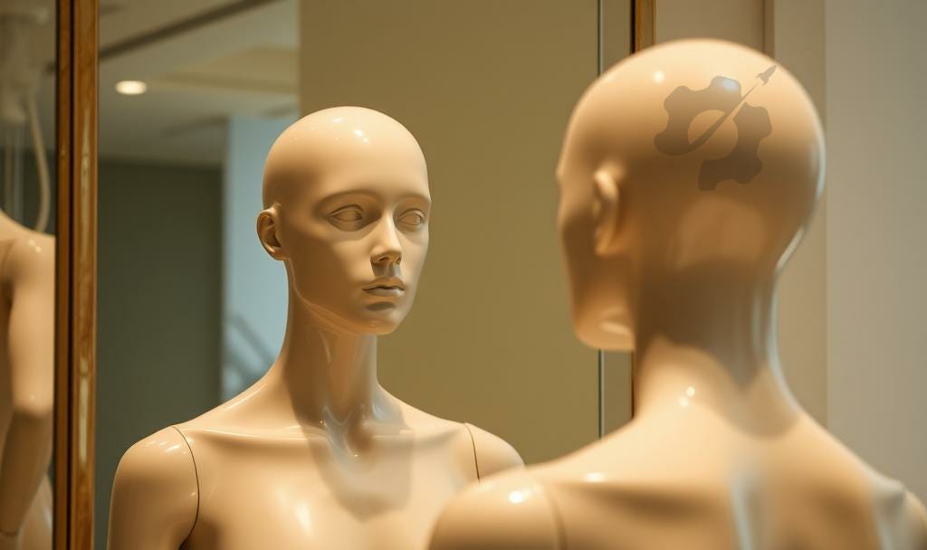 a faceless mannequin looking into a mirror a faceless mannequin looking into a mirror