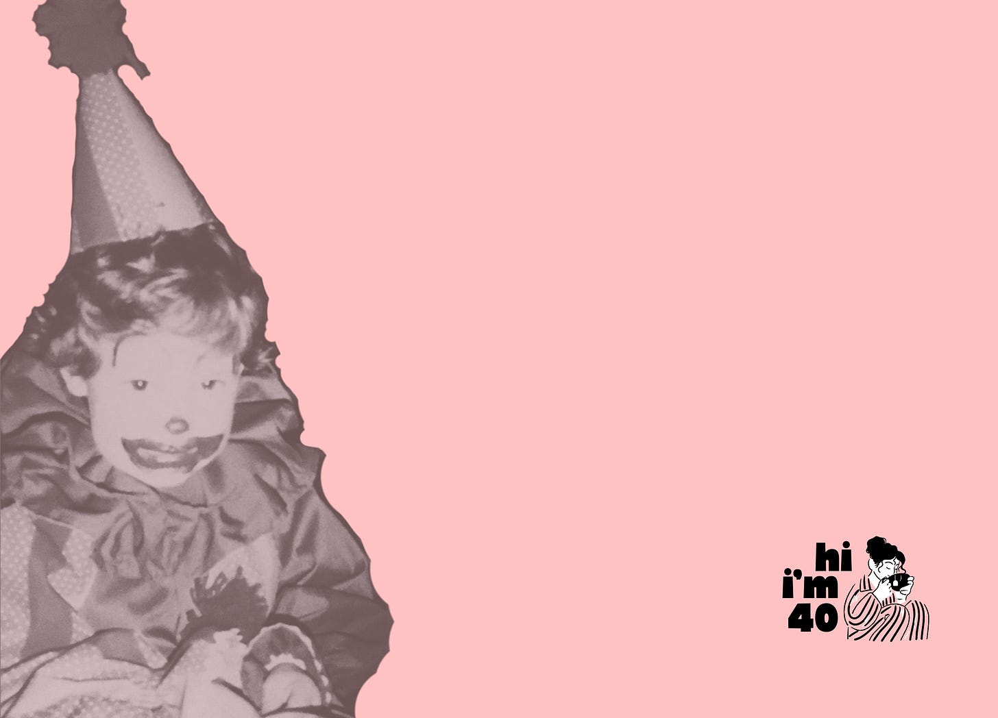 Pink and b/w graphic of Dana Miranda at 4 years old in a clown costume