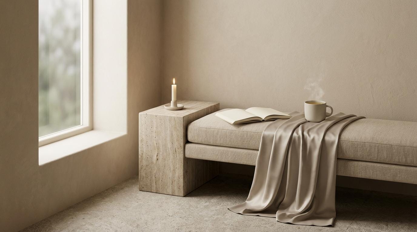 Landscape image of a narrow plaster window nook with a linen bench, matte champagne satin draped toward the floor, an open cream booklet, a steaming mug of pale amber tea, and one candle on a travertine block in soft ivory light.