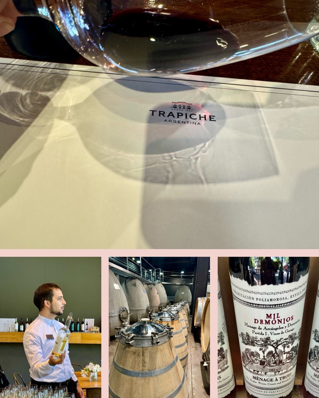 Cuatro fotos. 1. Mirando el color rojo oscuro de un Malbec. 2. Guía en bodeegas Susana Balbo. 3. Depósitos en forma de huevo de concreto y presurizados de madera en Susana Balbo y etiqueta curiosa de vino haciendo referencia a un trío amoroso. Fotos de María Luz Rodríguez. Cuatro fotos. 1. Mirando el color rojo oscuro de un Malbec. 2. Guía en bodeegas Susana Balbo. 3. Depósitos en forma de huevo de concreto y presurizados de madera en Susana Balbo y etiqueta curiosa de vino haciendo referencia a un trío amoroso. Fotos de María Luz Rodríguez.