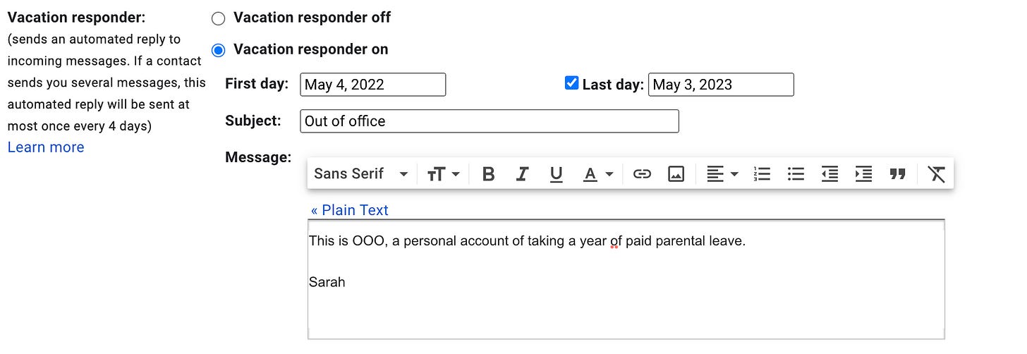 Screenshot of the "Settings" page in Gmail, highlighting the "Vacation responder on" option