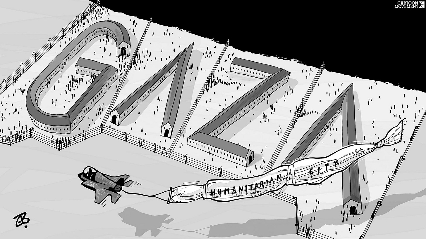Cartoon showing Gaza from above, with a barbed wire fence around it and long barracks that form the letters G-A-Z-A. A ware plane flies above dragging a banner that looks like a giant body bag with the text 'humanitarian city' on it.