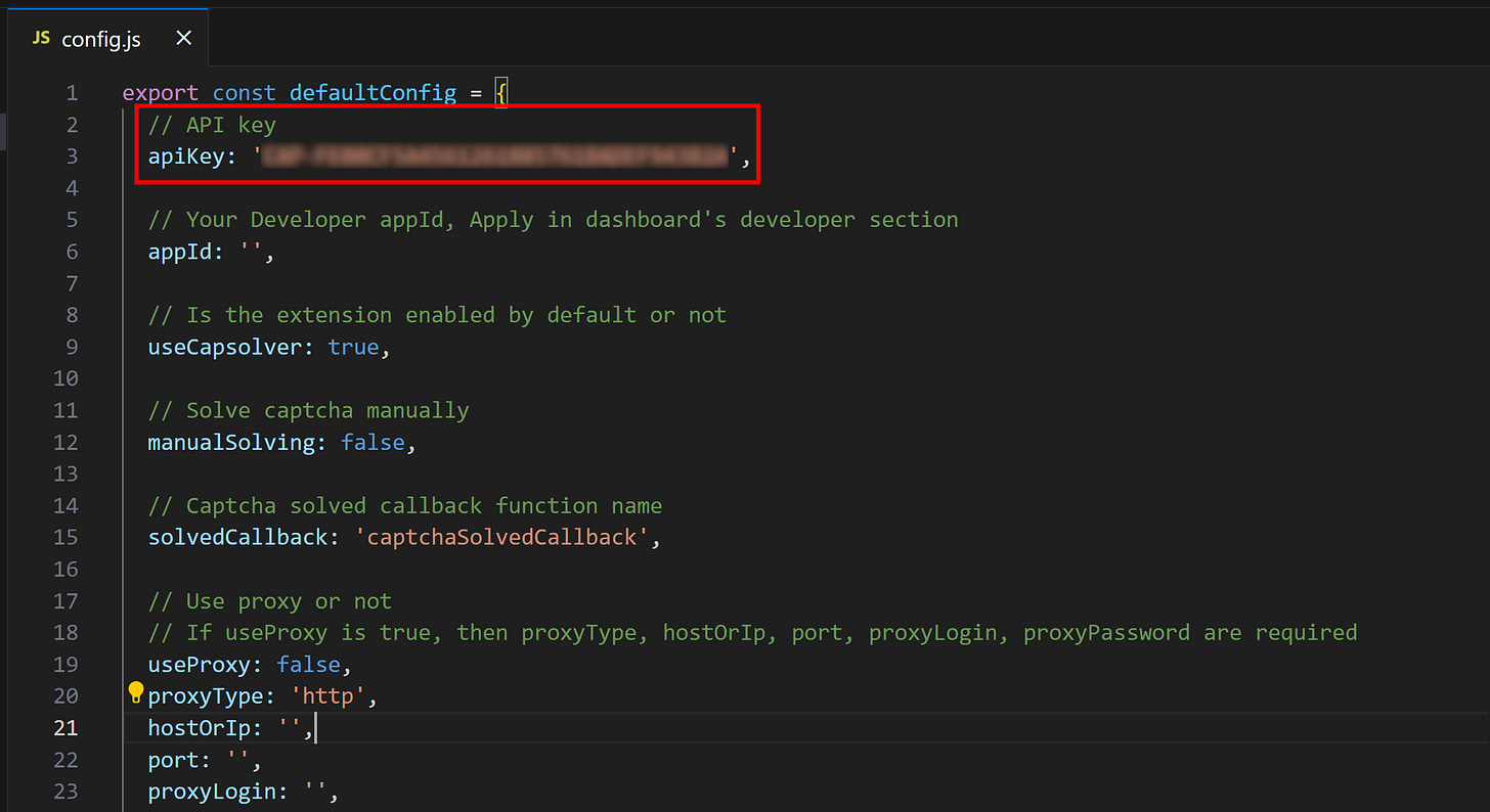 Setting the CapSolver API key in config.js