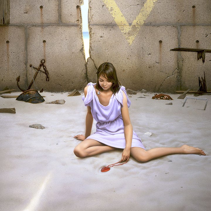 LEFT: Detail from GLIMPSE FEATURING a young woman in a short lavender dress sitting with one knee under her and her other leg out to the side as she stares down at a red glass heart resting on the sand. A crack in the concrete wall behind her casts a sliver of light onto the sand. The crack splits the corner of a yellow triangle painted point down and weathered. Through the opening, calm water can be seen in the distance. RIGHT: Figure detail from GLIMPSE featuring a young woman with dark hair that falls silky straight to her shoulders. She wears a short lavender dress that dips at the neck. Hanging unevenly over her clavicle is silver smiley face pendant on a lavender cord. Her expression is a contrast, eyes pressed closed with no hint of a smile. She's looking down to the smooth sand where she drags a red glass heart by the ribbon.